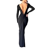 Loalirando Langes Kleid für Damen, rückenfrei, elegant, langärmelig, Partykleid, Bodycon Kleid, tiefer V-Ausschnitt, Cocktailkleid, Schwarz , L