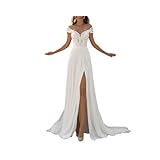 Hochzeitskleider für Eine Linie von Schulter Sexy v Hals High Slit Empire Taille Tüll Spitzenapplikation Plus Größe Brautkleid Weiß Plus 46, ESBANT, Elfenbein, 36