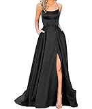 HAHAEMMA Damen Elegant Lange Ballkleider mit Taschen Satin A-Linie Backless Hochzeitskleid Abendkleider Sexy Neckholder Spaghetti Brautkleid Kleider Lang Prinzessin Brautjungfer Kleid (BL-S)