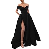 Abendkleider Damen Lang Rückenfreies Abschlusskleid A-Line Tüll Partykleid Abendkleide Mit Schlitz Ärmellos Cocktailkleid Wickelkleid Hochzeitskleid Off Shoulder,Schwarz,M