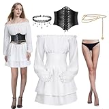 Joellfuner Mittelalter Piratenkostüm Damen, Renaissance Kleid Kurz, Off Shoulder Weißes Kleid mit Korsett Gürtel, Strumpf, Taillenkette und Halskette für Karneval Kostüm Cosplay (Lange Ärmel, M)