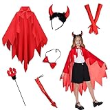 BIQIQI Halloween Teufel Kostüm Mädchen, Halloween Kostüm Damen, 6 Stück Teufel Kostüm Mädchen, Devil Costume mit Teufel Umhang, Teufel Dreizack, Teufel Hörner, Teufel Accessoires für Halloween Party