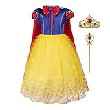 Aomig Weißer Schnee Prinzessin Kostüm Kinder, 4-teiliges Set Mädchen Kleid mit Krone und Zauberstab, Cosplay Lang Kleidung für Karneval Verkleidung Halloween Geburtstag Party (130cm)