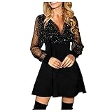 Glitzer Kleid Damen Partykleid Kleider V-Ausschnitt Chiffon Abendkleider Langarm A-Linien Abendkleid Frauen Festliches Cocktailkleid Club Oberteile, Schwarz