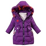 linboo Mädchen Winterjacke Kinder Wintermantel Dicke Steppjacke Lange Warme Parka Baumwolljacke Outdoor Mantel mit Fellkapuze und Love Stickdruck, Lila, 128-134 (Etikettengröße: 140)