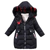 linboo Mädchen Winterjacke Kinder Wintermantel Dicke Steppjacke Lange Warme Parka Baumwolljacke Outdoor Mantel mit Fellkapuze und Love Stickdruck, Schwarz, 128-134 (Etikettengröße: 140)