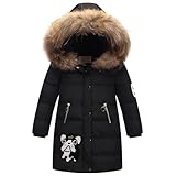 Tilozs Winterjacke Mädchen Wintermantel Warme Parka Stepp Mantel Länge Winter Jacke mit Fellkapuze Kinder Dicke Outdoorjacke, Schwarz, 128(Herstellergröße: 130)