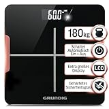 Grundig Personenwaage digital, Körperwaage bis 180 kg mit hochpräzisen Sensoren, Weight Scale, Waage Personen, 5mm gehärtetes Sicherheitslas, LCD-Display mit großen Zahlen, schwarz (ohne Batterien)