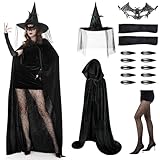 Phestival 17 IN 1 Hexenkostüm Damen - Halloween Kostüm Damen Hexe - Hexenhut Damen, Umhang Halloween, Netzstrümpfe, Halloween Kostüm Damen - Halloween Kostüm Damen Sexy [Small-1.2m]