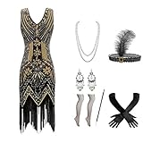 Gammify 1920er Jahre Damen Abendkleid V-Ausschnitt Pailletten Perlen Fransen Kleid mit 20s Zubehör Set Schwarz und Golden XL