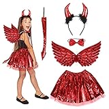 HONMOK 5 Stück Teufel Kostüm Kinder Rot Flügel Tutu mit Teufelsohren Stirnband Schwanz Schleife Mädchen Teufelshörner Cosplay Kostüm Set für Halloween Karneval Fasching Rollenspiele