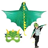 DKINY Dinosaurier Kostüm Kinder Halloween Dinokostüm mit Drachenflügel Umhang und Maske Dino Cosplay Kinderkostüm Zubehör für Junge Mädchen Halloween Karneval Fasching-Grün