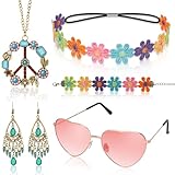 Alintor Hippie Accessoires, Hippie Kostüm Damen Accessoires, 5 Stück Hippie Schmuck, 70er Jahre Bekleidung Damen Zubehör, Flower Power Accessoires, Peace Kette, Hippie Brille (Böhmen Stil)