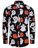 TUNEVUSE Herren Halloween Hemd Kürbis Druck Lustige Langarm Casual Button Down Hemd Geist Schädel Scary Kostüme für ErwachseneSchwarz Groß