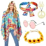 ATOWORLD Hippie Kostüm Damen Set mit Hippie Poncho Damen und Zubehör Karneval Faschingskostüme Damen Hippie Kleidung Damen Boho Flower Power 60er 70er Jahre Bekleidung Damen Frau (A)